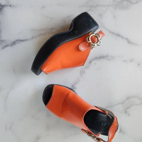 French 70s vintage glossy patent orange slingback wedge peep open toe size 12 ki - Picture 1 of 8